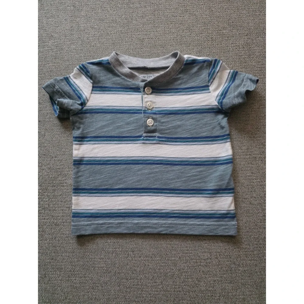 Carters Baby Boy 3M Henley Shirts Set of 2 Striped Slub Knit Green Blue 3 Months